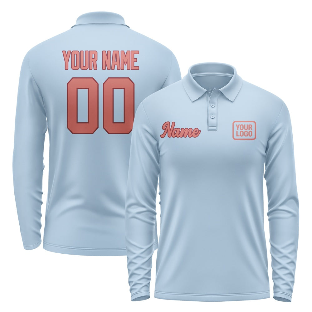 Custom Light Blue Copper Rose Long Sleeve Polo Shirt