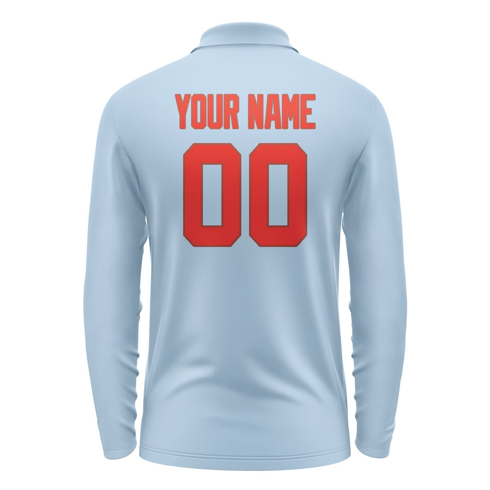Custom Light Blue Orange Red Long Sleeve Polo Shirt