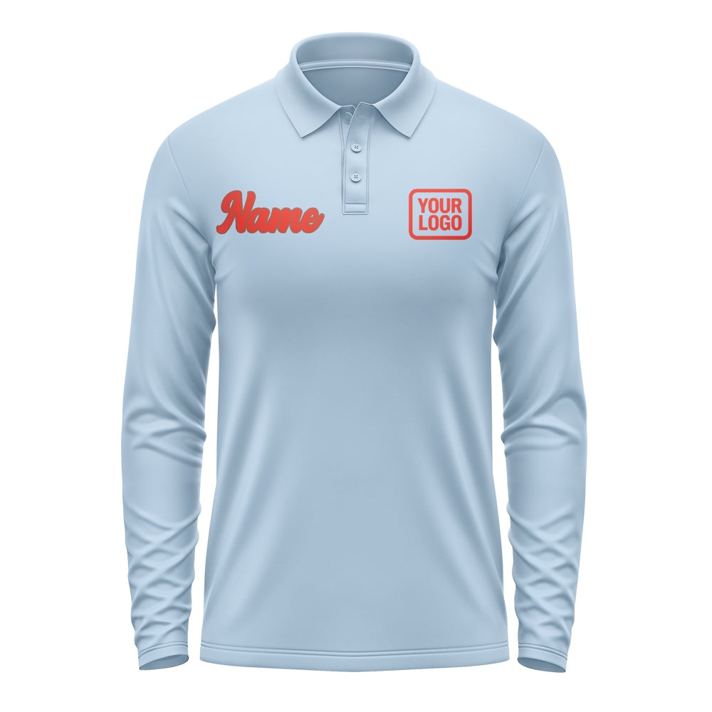 Custom Light Blue Orange Red Long Sleeve Polo Shirt