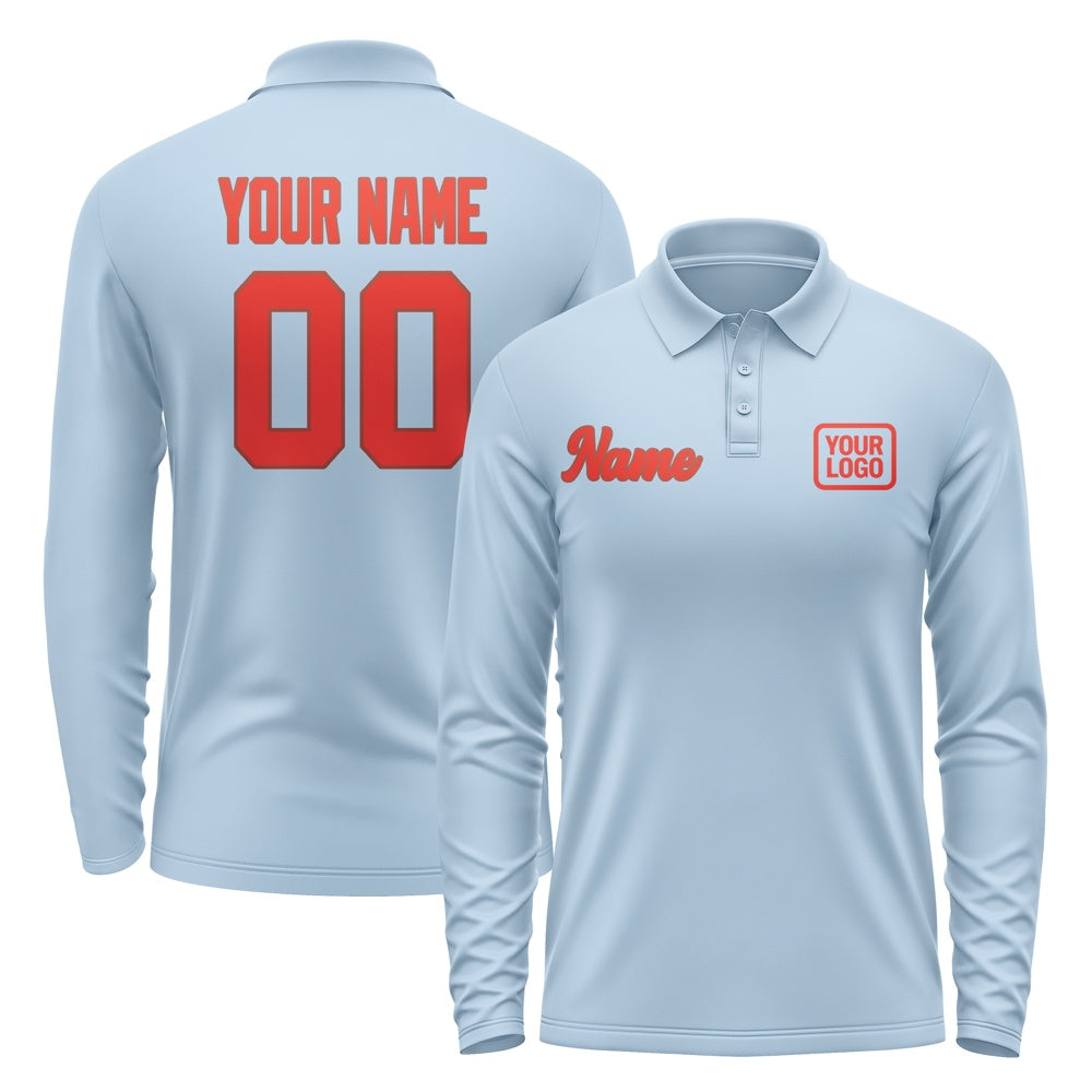Custom Light Blue Orange Red Long Sleeve Polo Shirt