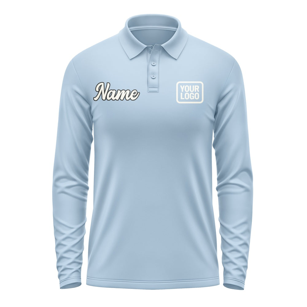 Custom Light Blue Cream Long Sleeve Polo Shirt
