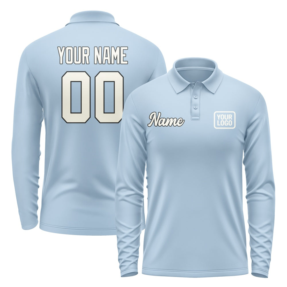 Custom Light Blue Cream Long Sleeve Polo Shirt