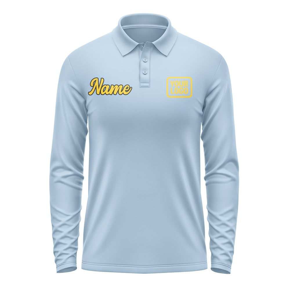 Custom Light Blue Gold Long Sleeve Polo Shirt