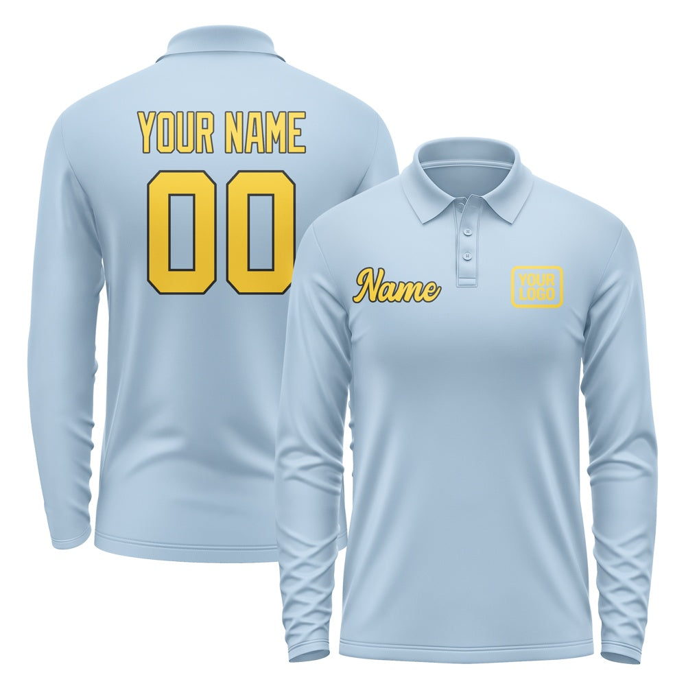 Custom Light Blue Gold Long Sleeve Polo Shirt