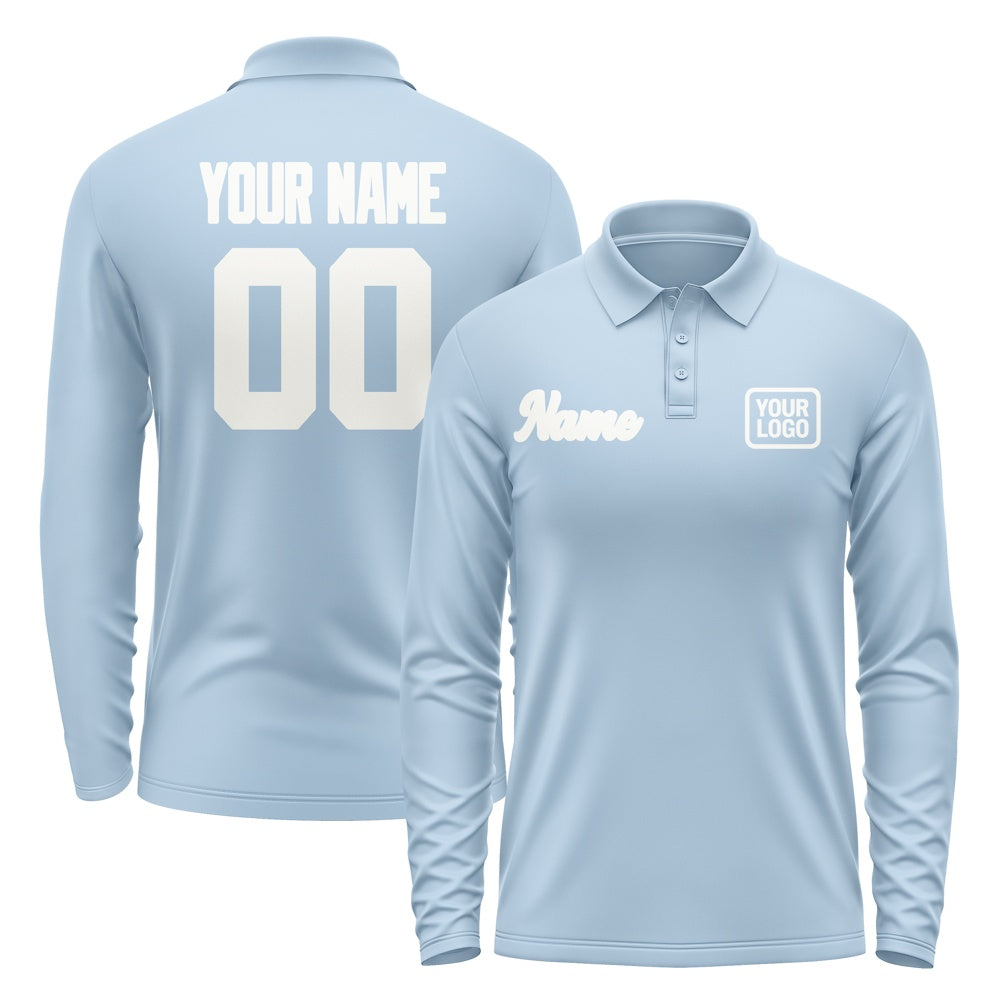 Custom Light Blue White Long Sleeve Polo Shirt