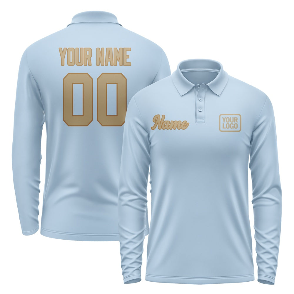 Custom Light Blue Light Khaki Long Sleeve Polo Shirt