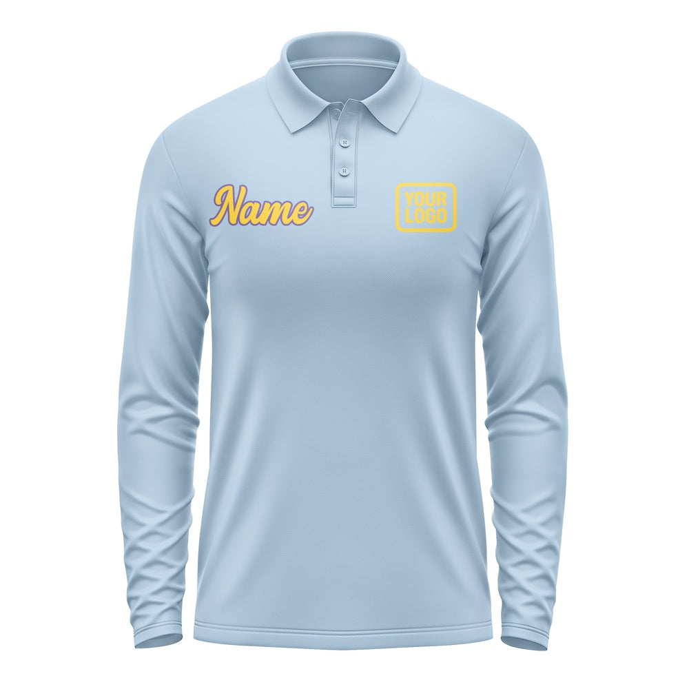 Custom Light Blue Gold Long Sleeve Polo Shirt