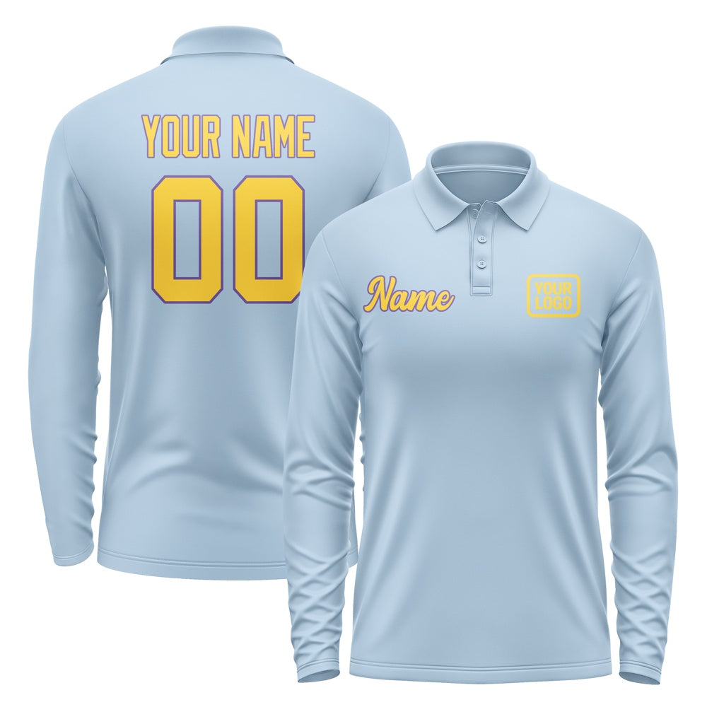 Custom Light Blue Gold Long Sleeve Polo Shirt
