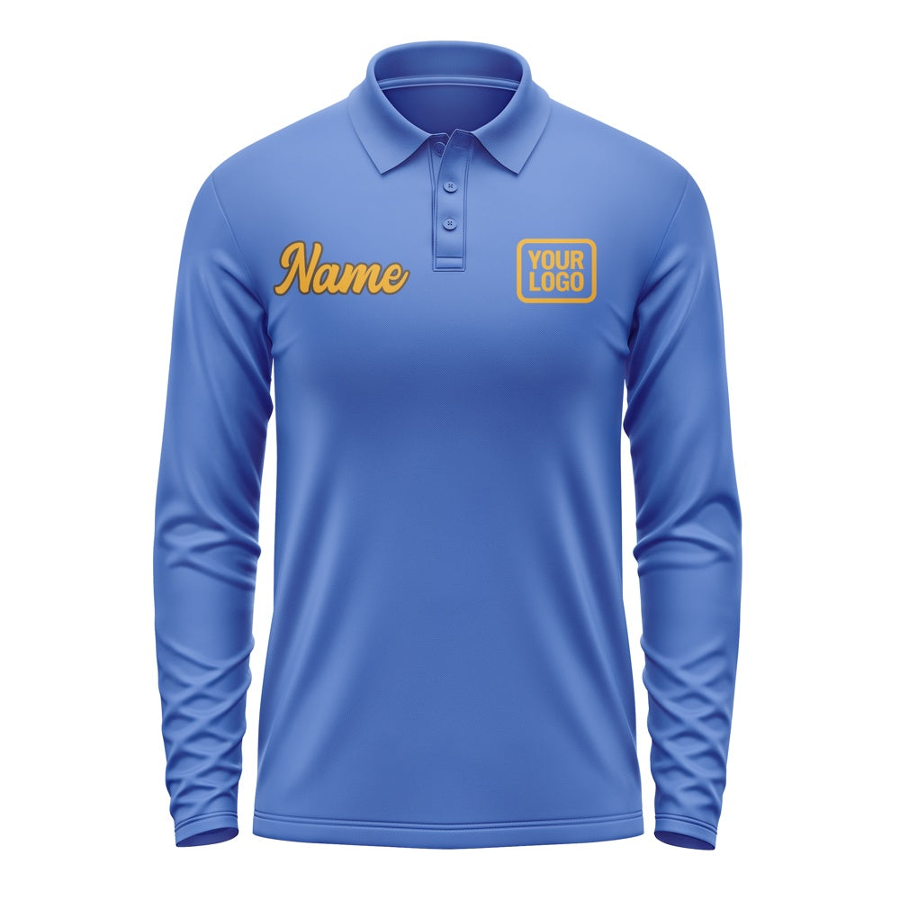 Custom Sky Blue Yellow Long Sleeve Polo Shirt