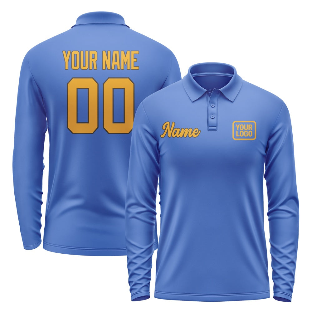 Custom Sky Blue Yellow Long Sleeve Polo Shirt
