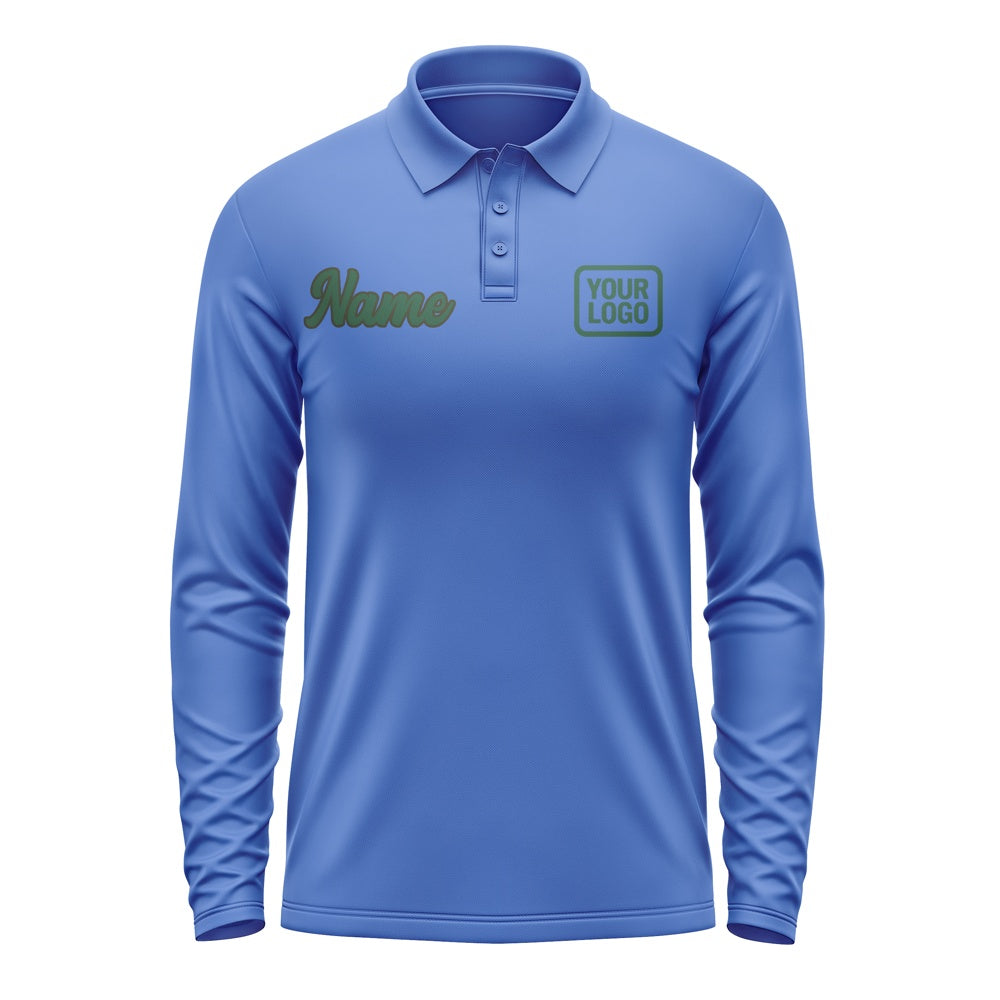 Custom Sky Blue Green Long Sleeve Polo Shirt