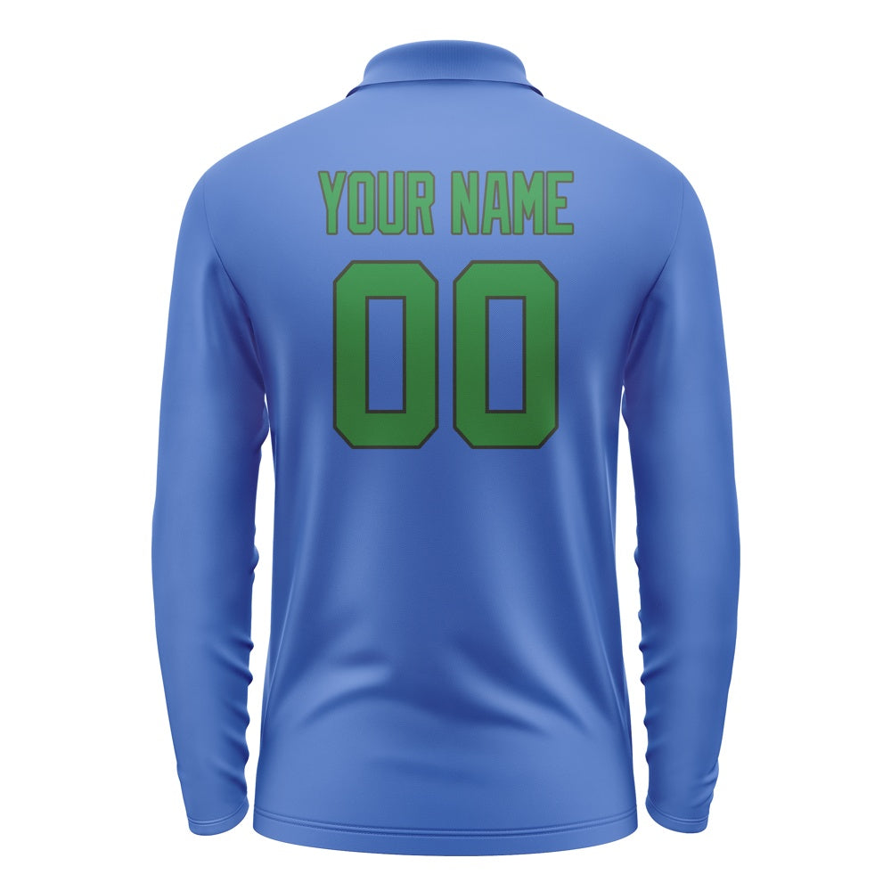 Custom Sky Blue Emerald Green Long Sleeve Polo Shirt
