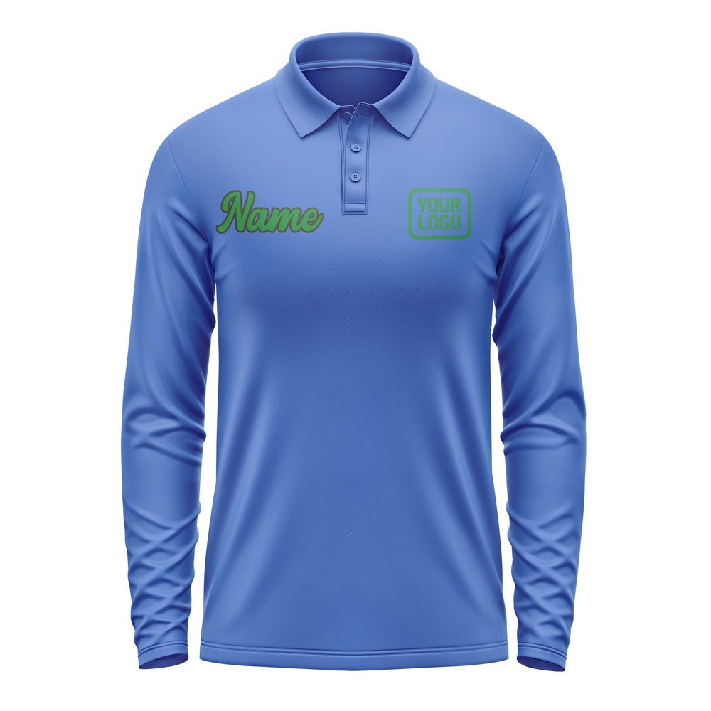 Custom Sky Blue Emerald Green Long Sleeve Polo Shirt