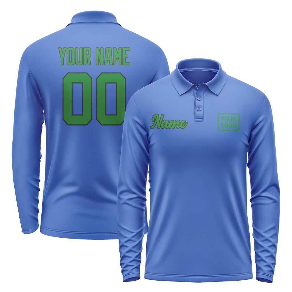 Custom Sky Blue Emerald Green Long Sleeve Polo Shirt