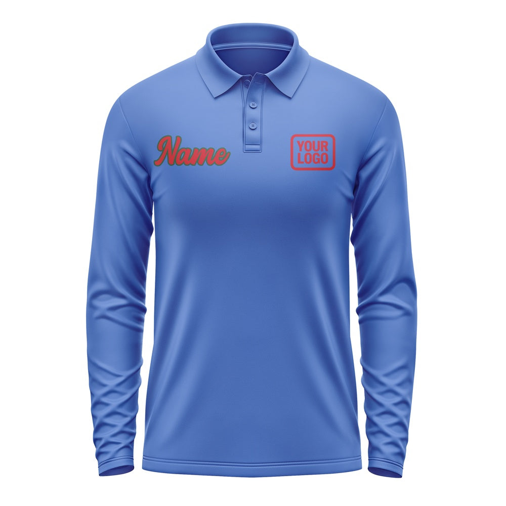 Custom Sky Blue Red Long Sleeve Polo Shirt