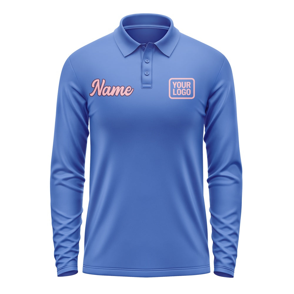 Custom Sky Blue Light Pink Long Sleeve Polo Shirt