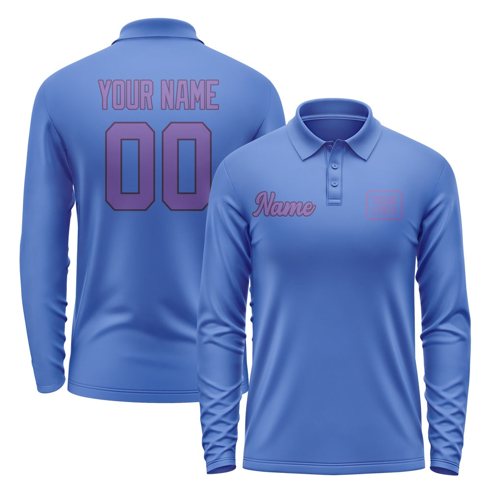Custom Sky Blue Light Purple Long Sleeve Polo Shirt