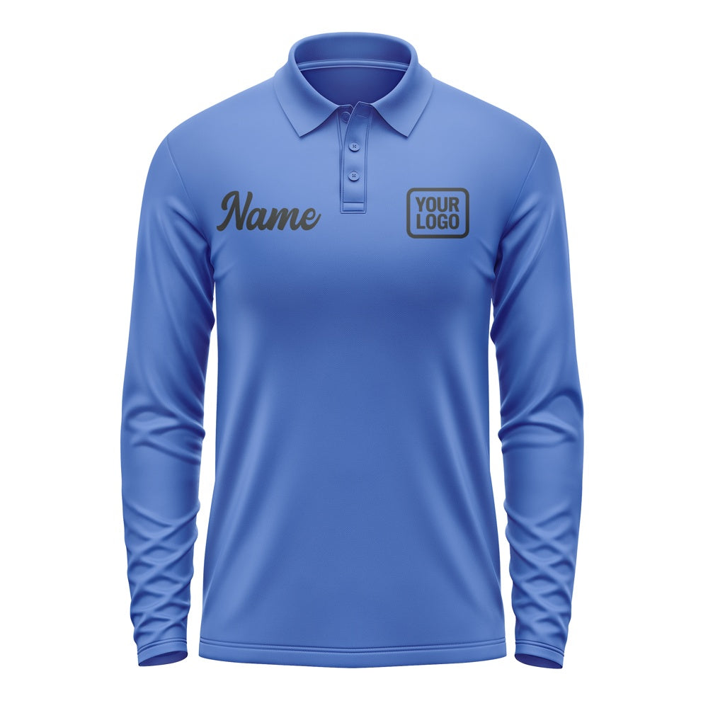Custom Sky Blue Black Long Sleeve Polo Shirt