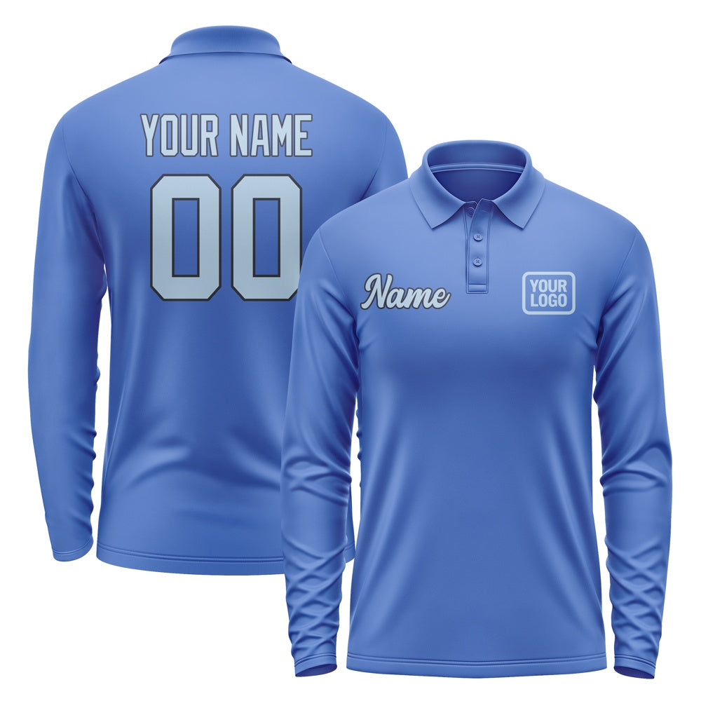 Custom Sky Blue Light Blue Long Sleeve Polo Shirt