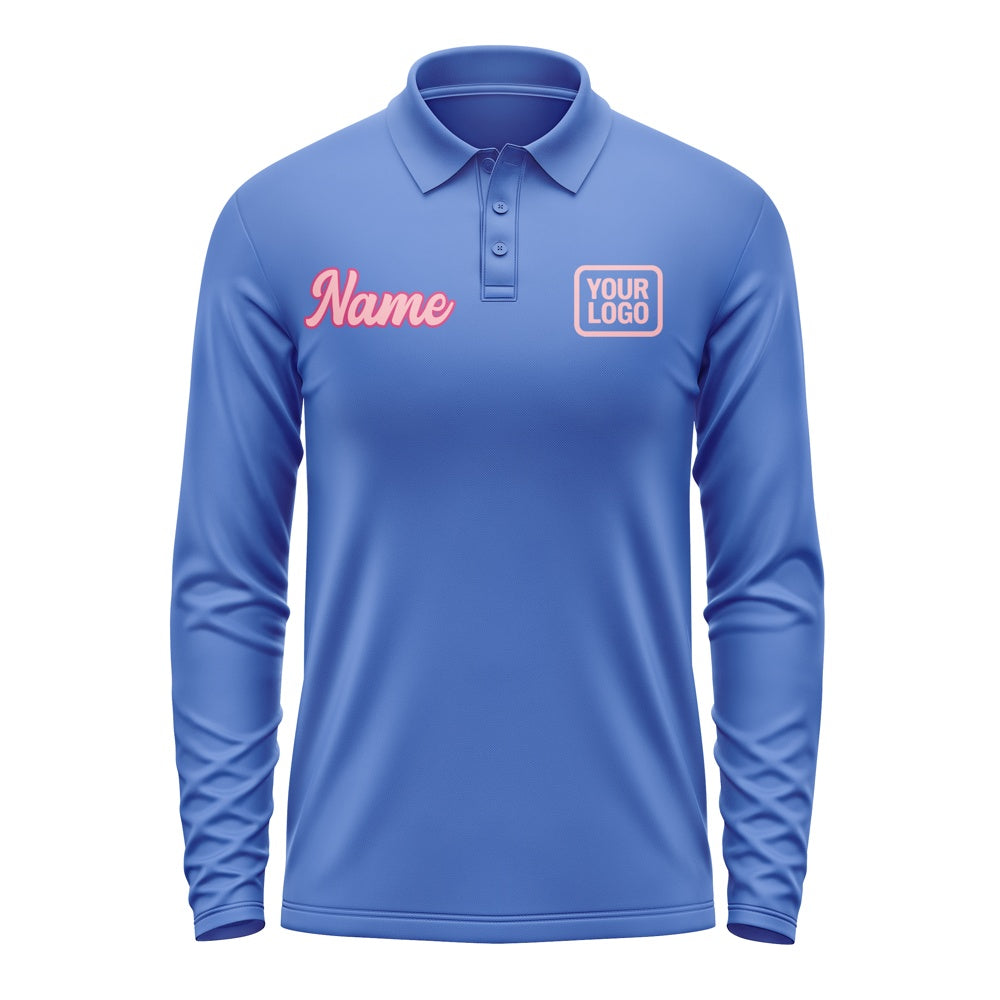Custom Sky Blue Light Pink Long Sleeve Polo Shirt