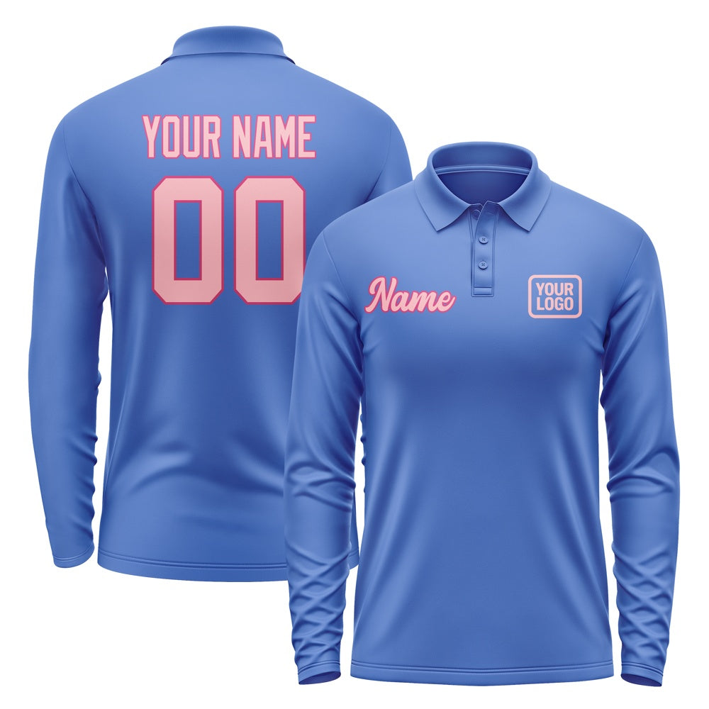 Custom Sky Blue Light Pink Long Sleeve Polo Shirt