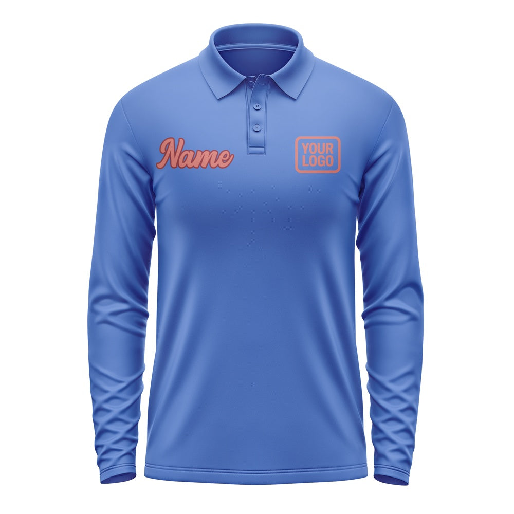 Custom Sky Blue Copper Rose Long Sleeve Polo Shirt