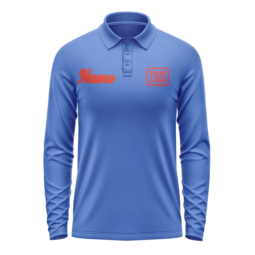 Custom Sky Blue Orange Red Long Sleeve Polo Shirt