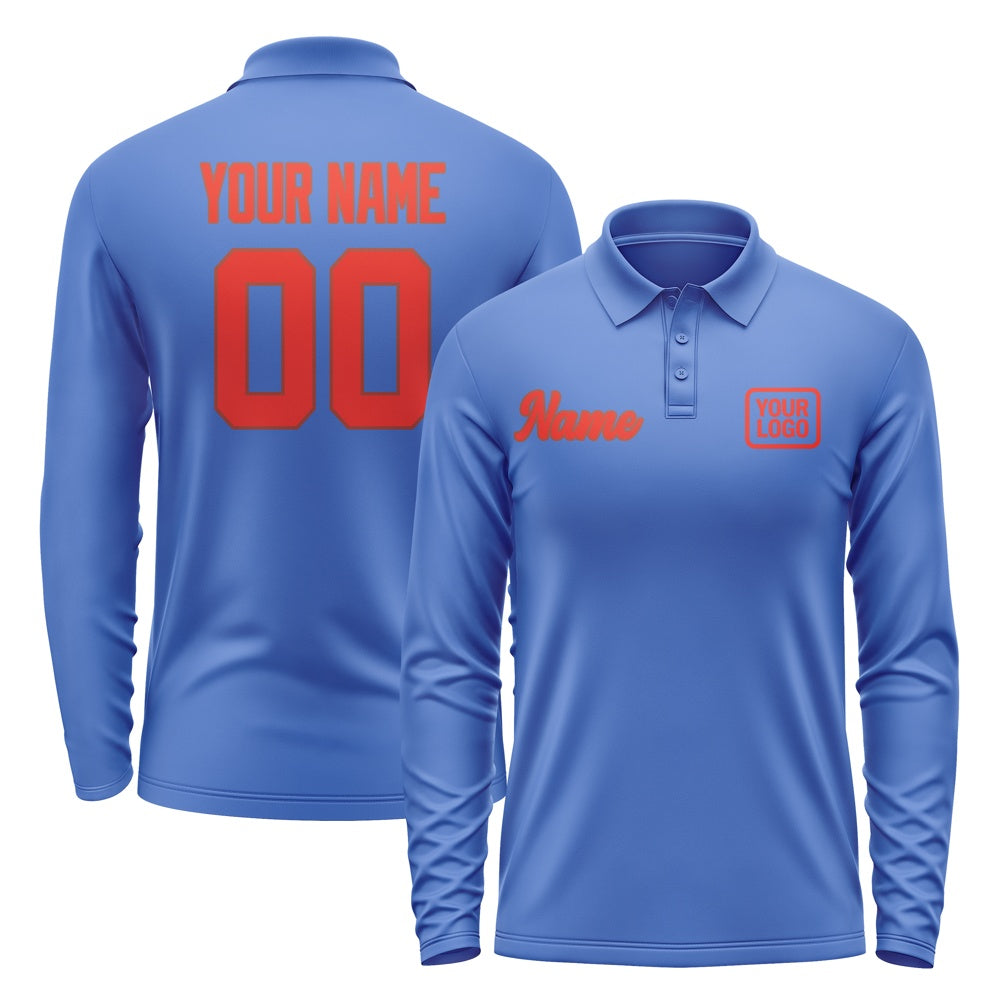 Custom Sky Blue Orange Red Long Sleeve Polo Shirt
