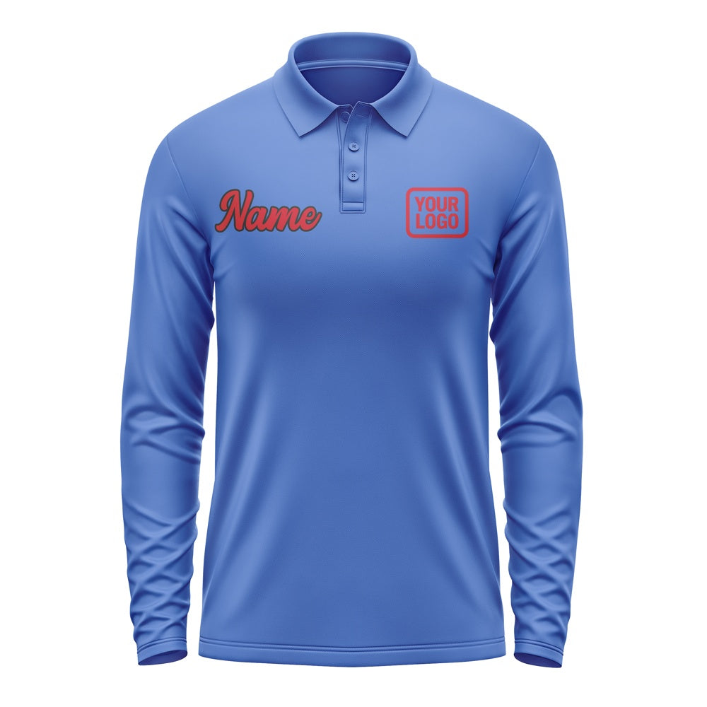 Custom Sky Blue Red Long Sleeve Polo Shirt