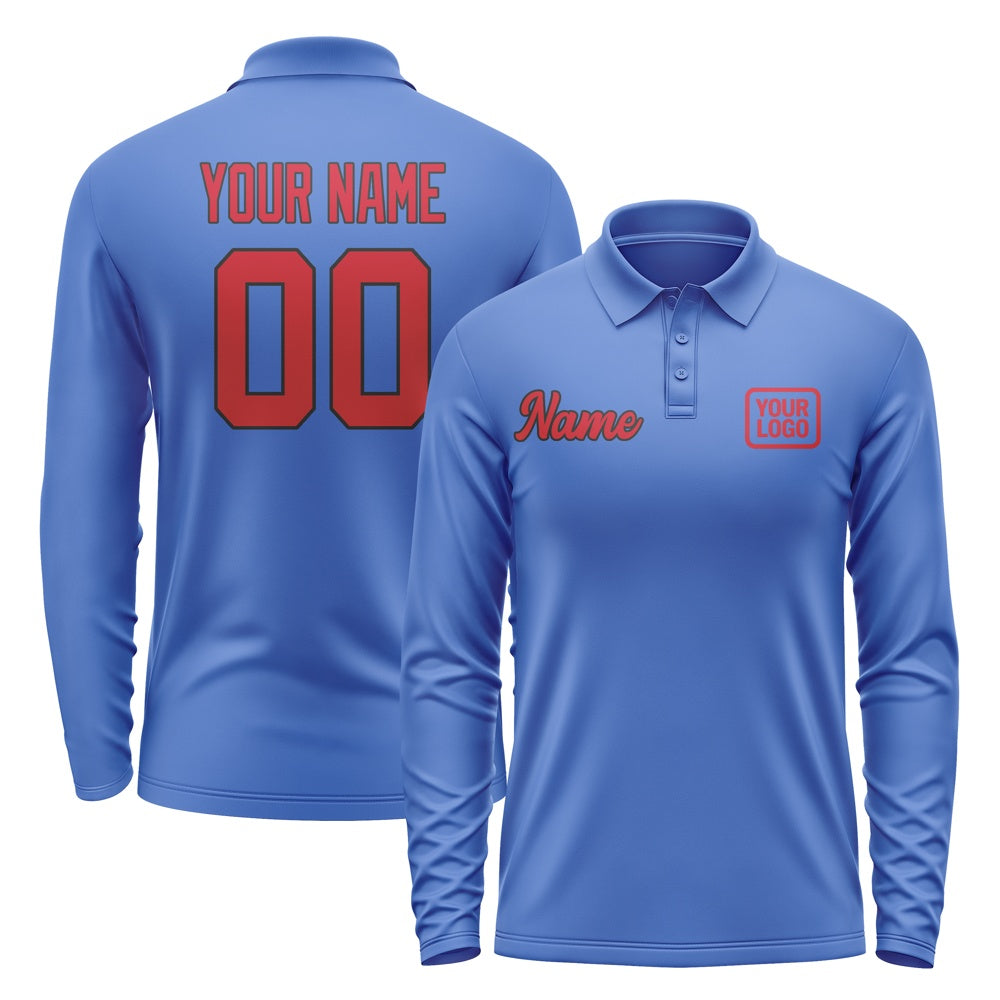 Custom Sky Blue Red Long Sleeve Polo Shirt