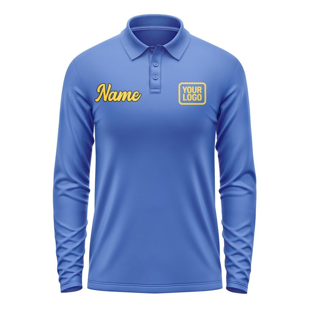 Custom Sky Blue Gold Long Sleeve Polo Shirt