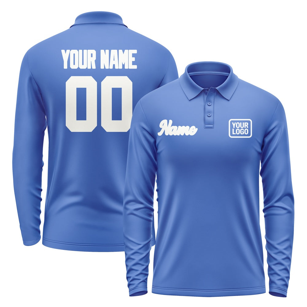 Custom Sky Blue White Long Sleeve Polo Shirt