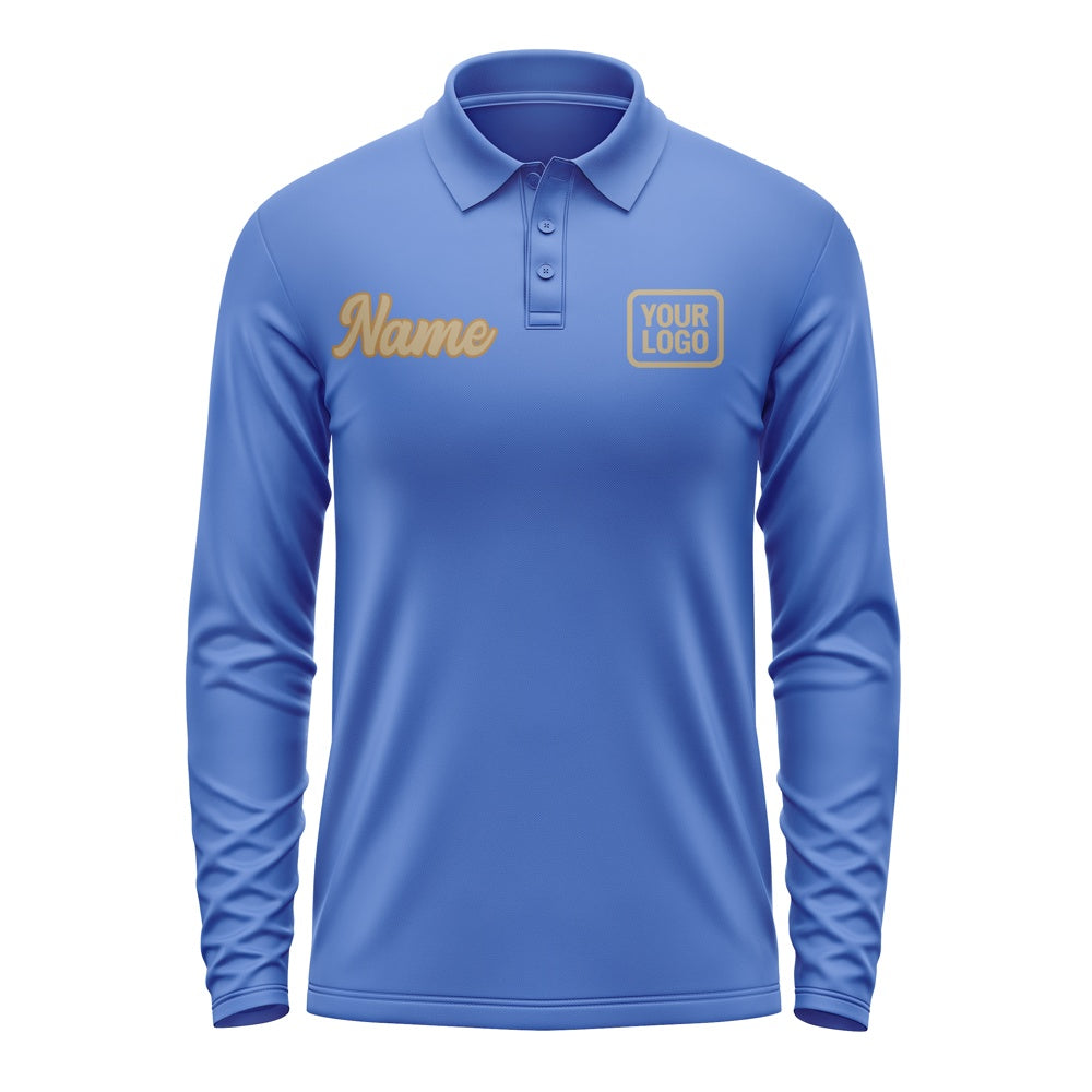 Custom Sky Blue Light Khaki Long Sleeve Polo Shirt
