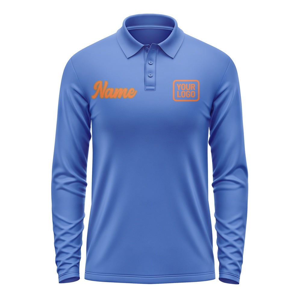 Custom Sky Blue Orange Long Sleeve Polo Shirt