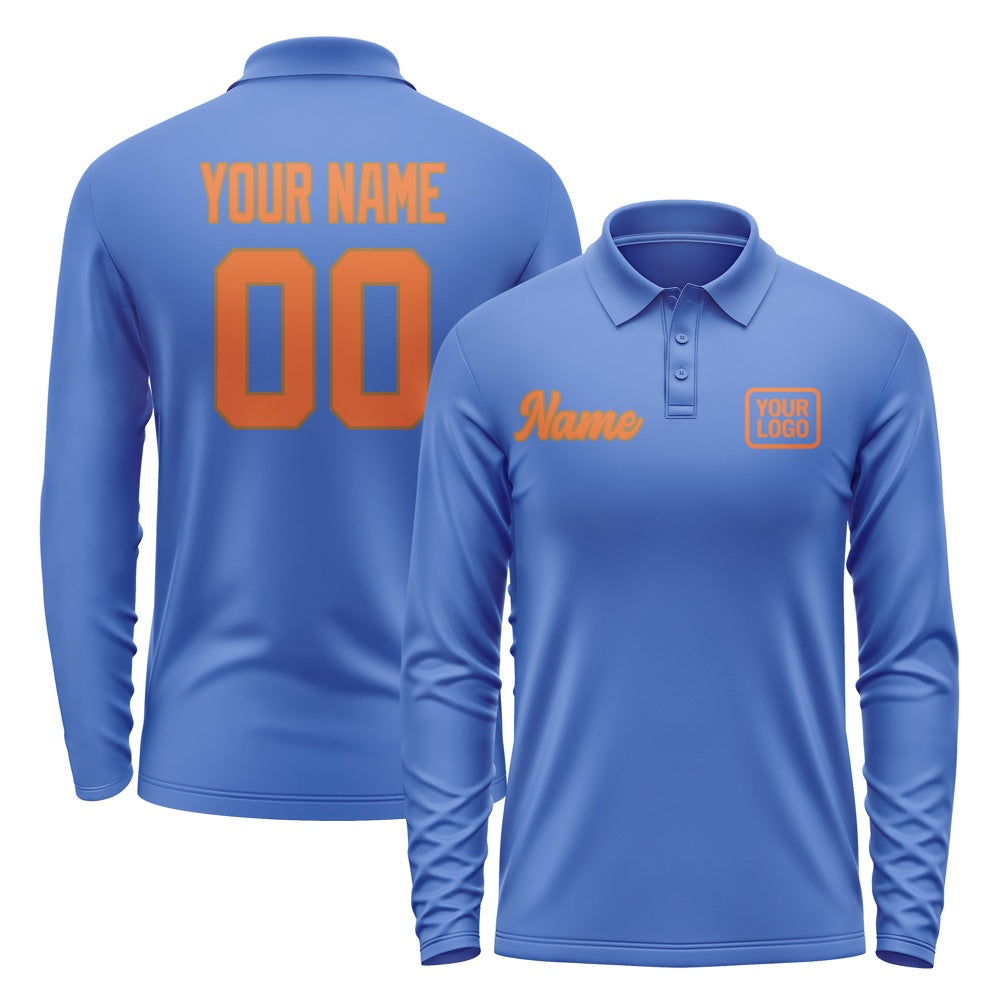 Custom Sky Blue Orange Long Sleeve Polo Shirt