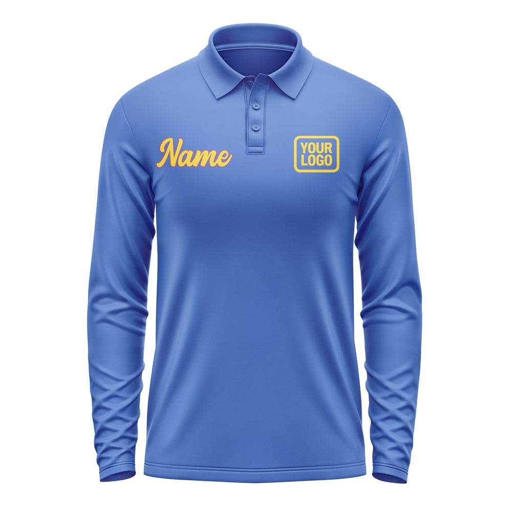 Custom Sky Blue Gold Long Sleeve Polo Shirt