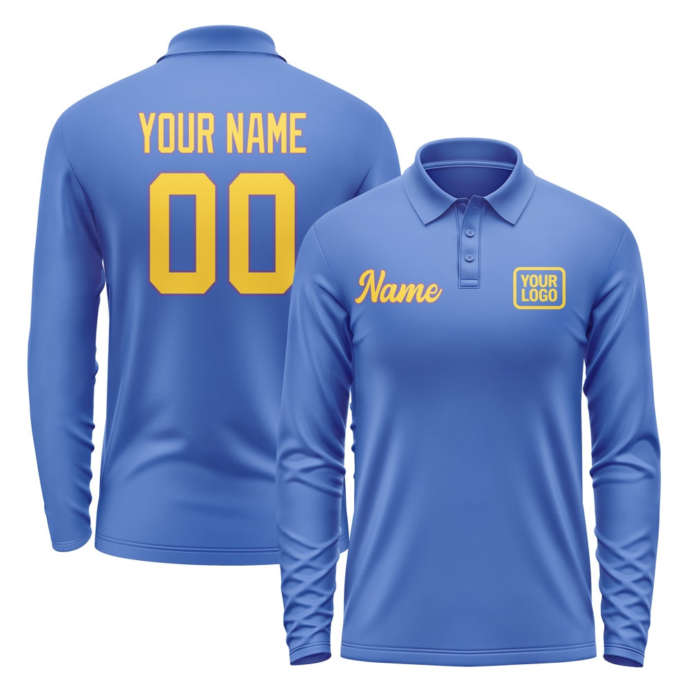 Custom Sky Blue Gold Long Sleeve Polo Shirt