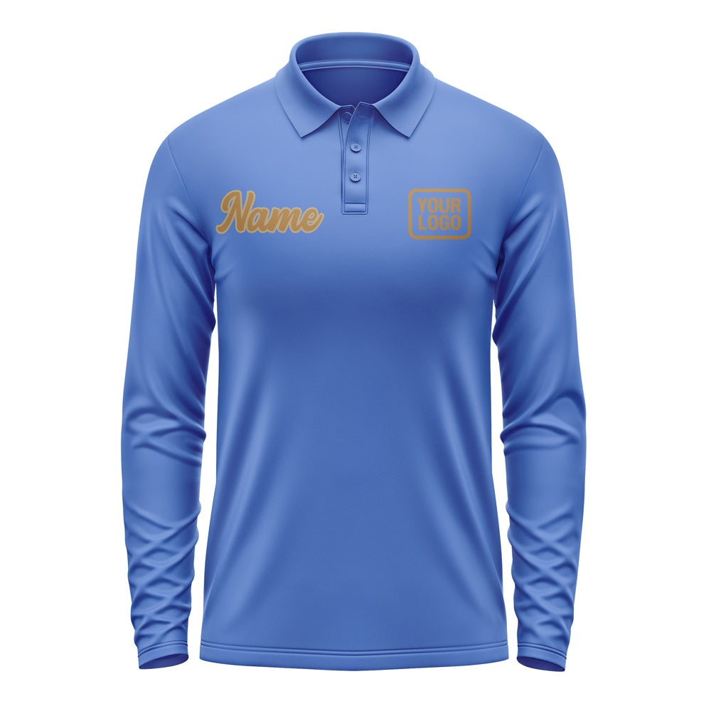Custom Sky Blue Khaki Long Sleeve Polo Shirt