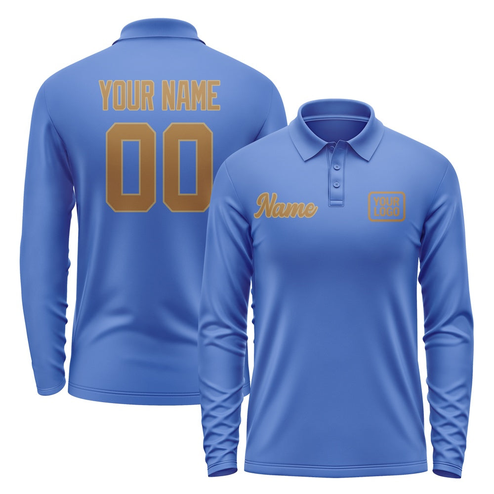 Custom Sky Blue Khaki Long Sleeve Polo Shirt