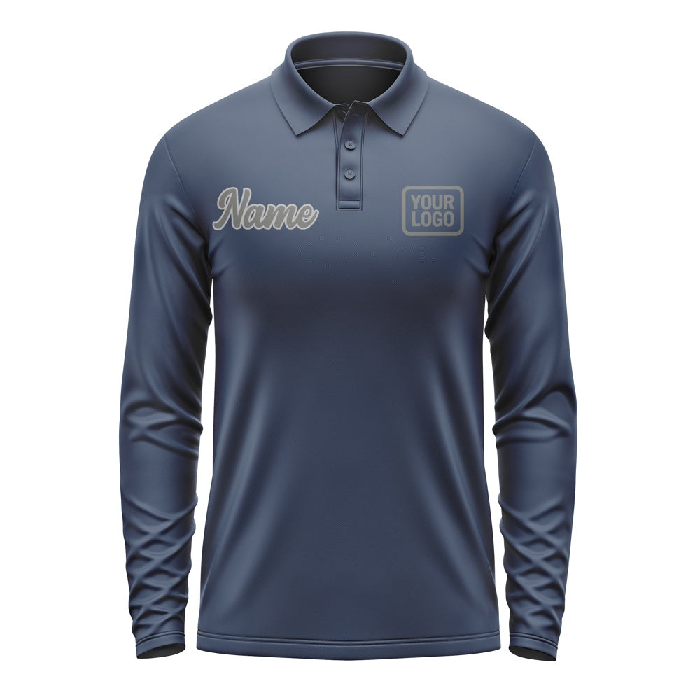 Custom Blue Dark Grey Long Sleeve Polo Shirt