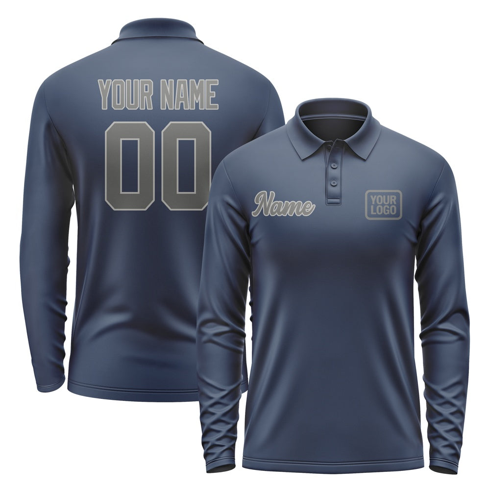 Custom Blue Dark Grey Long Sleeve Polo Shirt