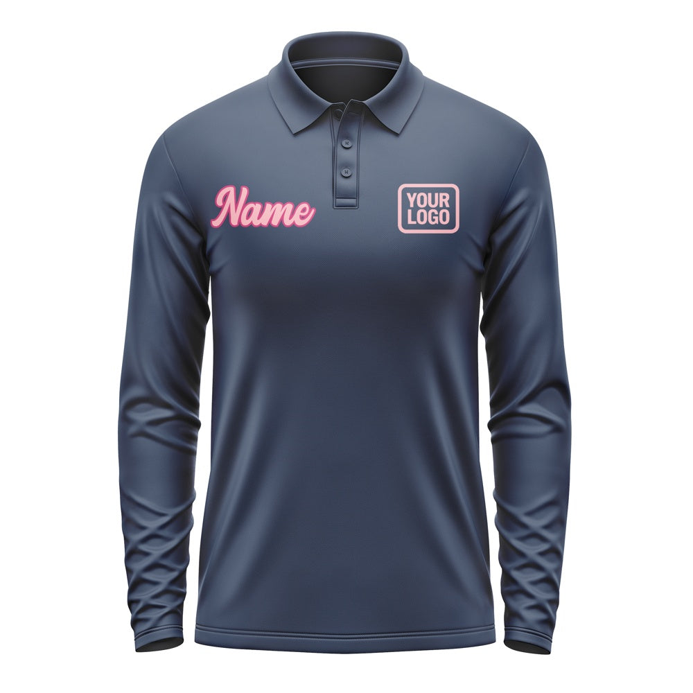 Custom Blue Light Pink Long Sleeve Polo Shirt