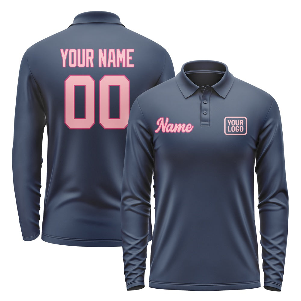 Custom Blue Light Pink Long Sleeve Polo Shirt