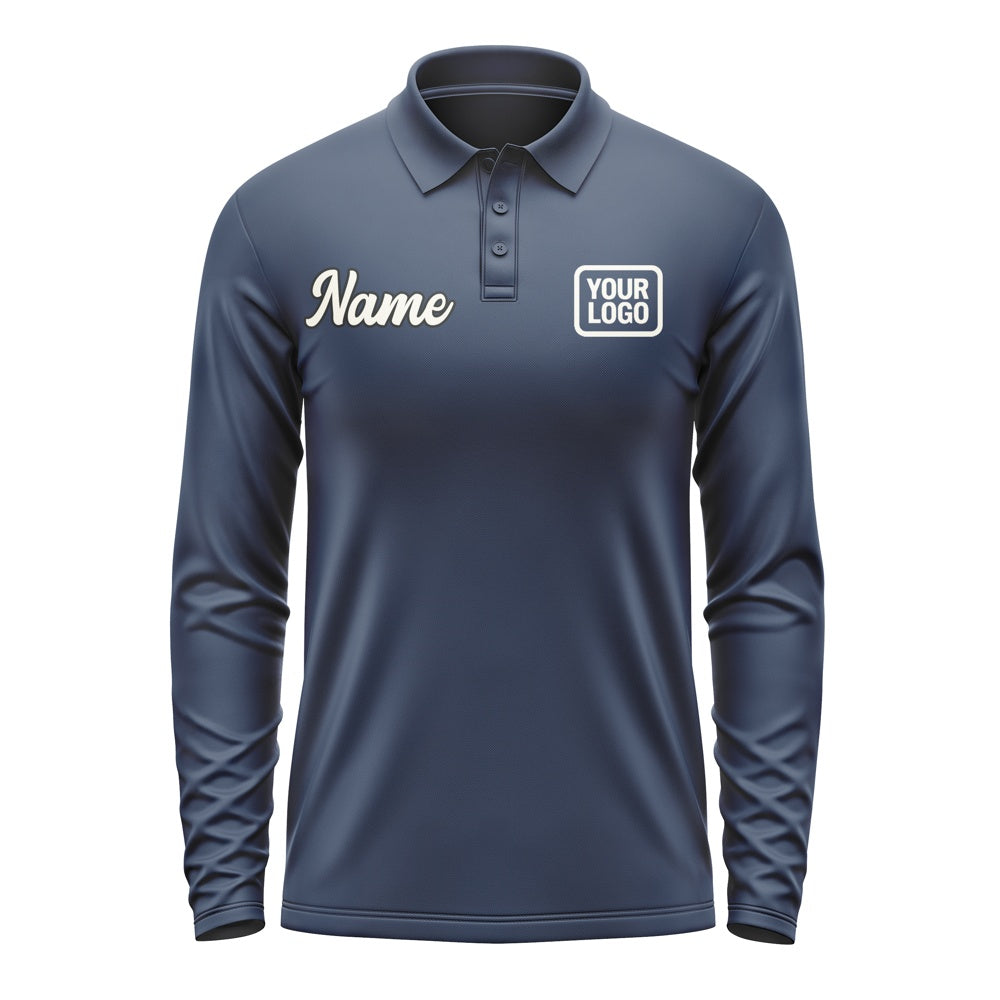 Custom Blue Cream Long Sleeve Polo Shirt