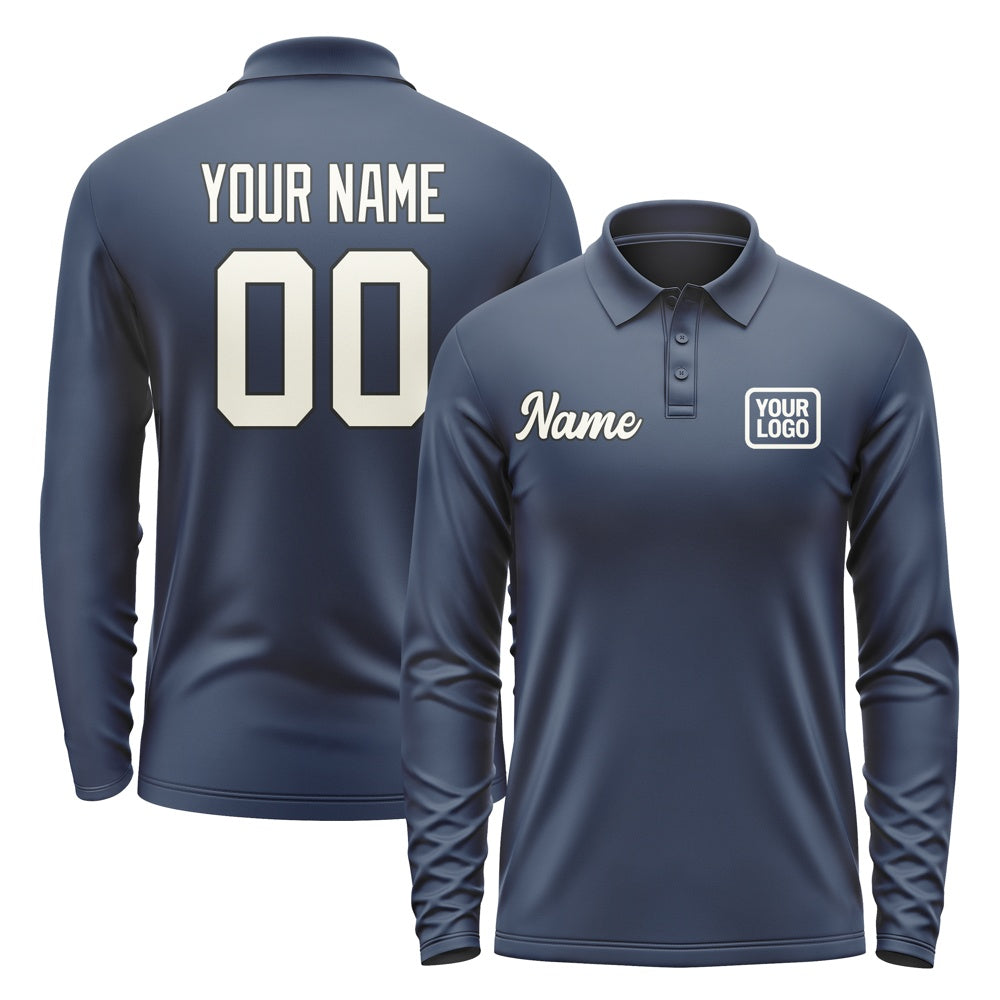 Custom Blue Cream Long Sleeve Polo Shirt