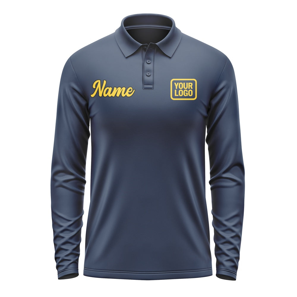 Custom Blue Gold Long Sleeve Polo Shirt