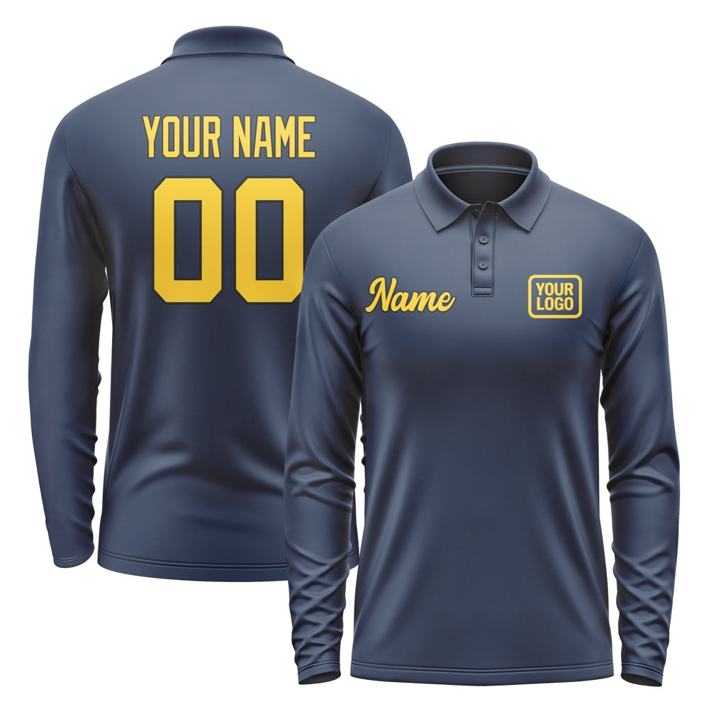 Custom Blue Gold Long Sleeve Polo Shirt