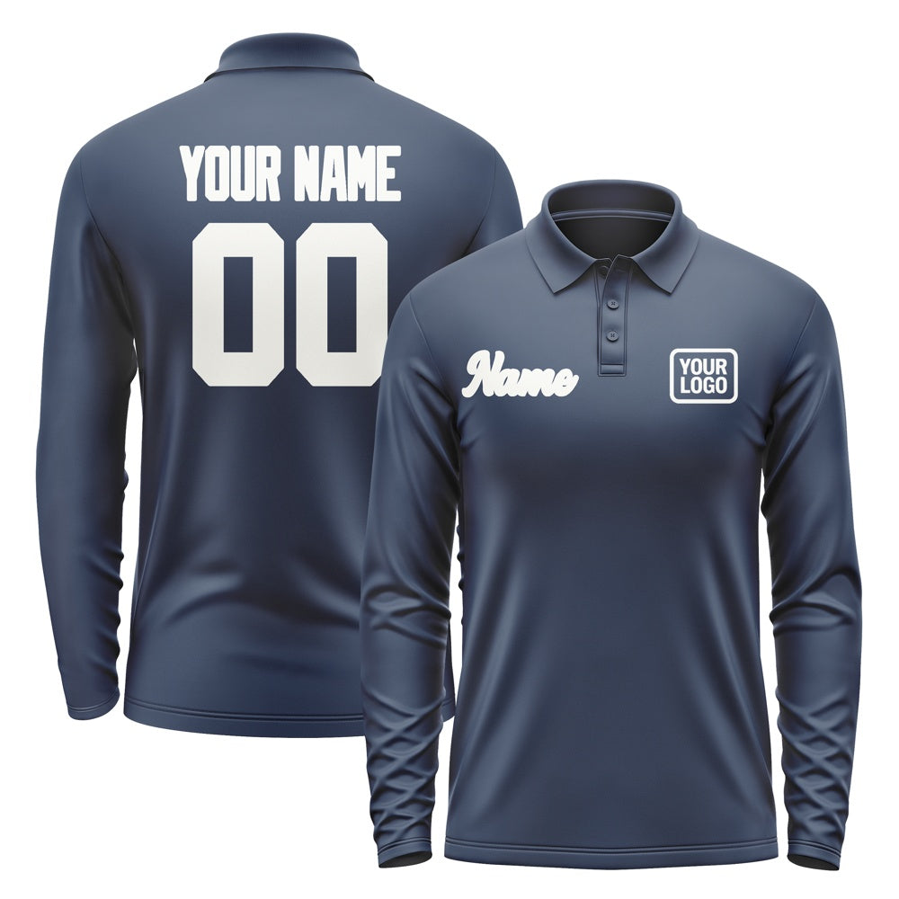 Custom Blue White Long Sleeve Polo Shirt