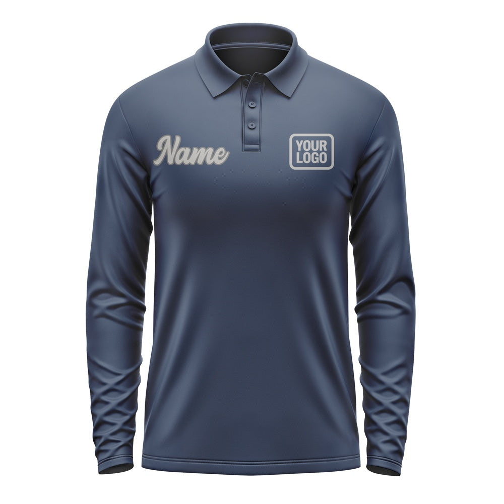 Custom Blue Gray Long Sleeve Polo Shirt