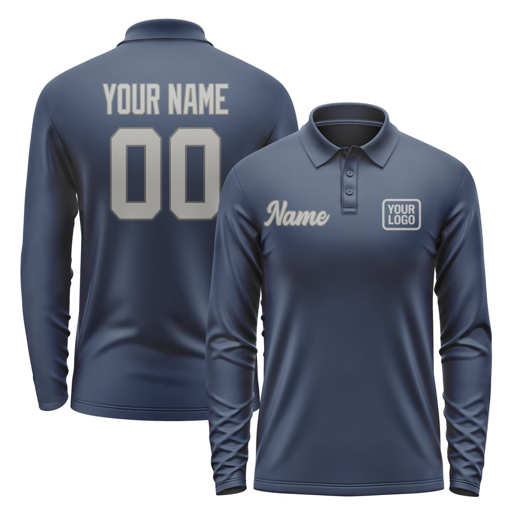 Custom Blue Gray Long Sleeve Polo Shirt